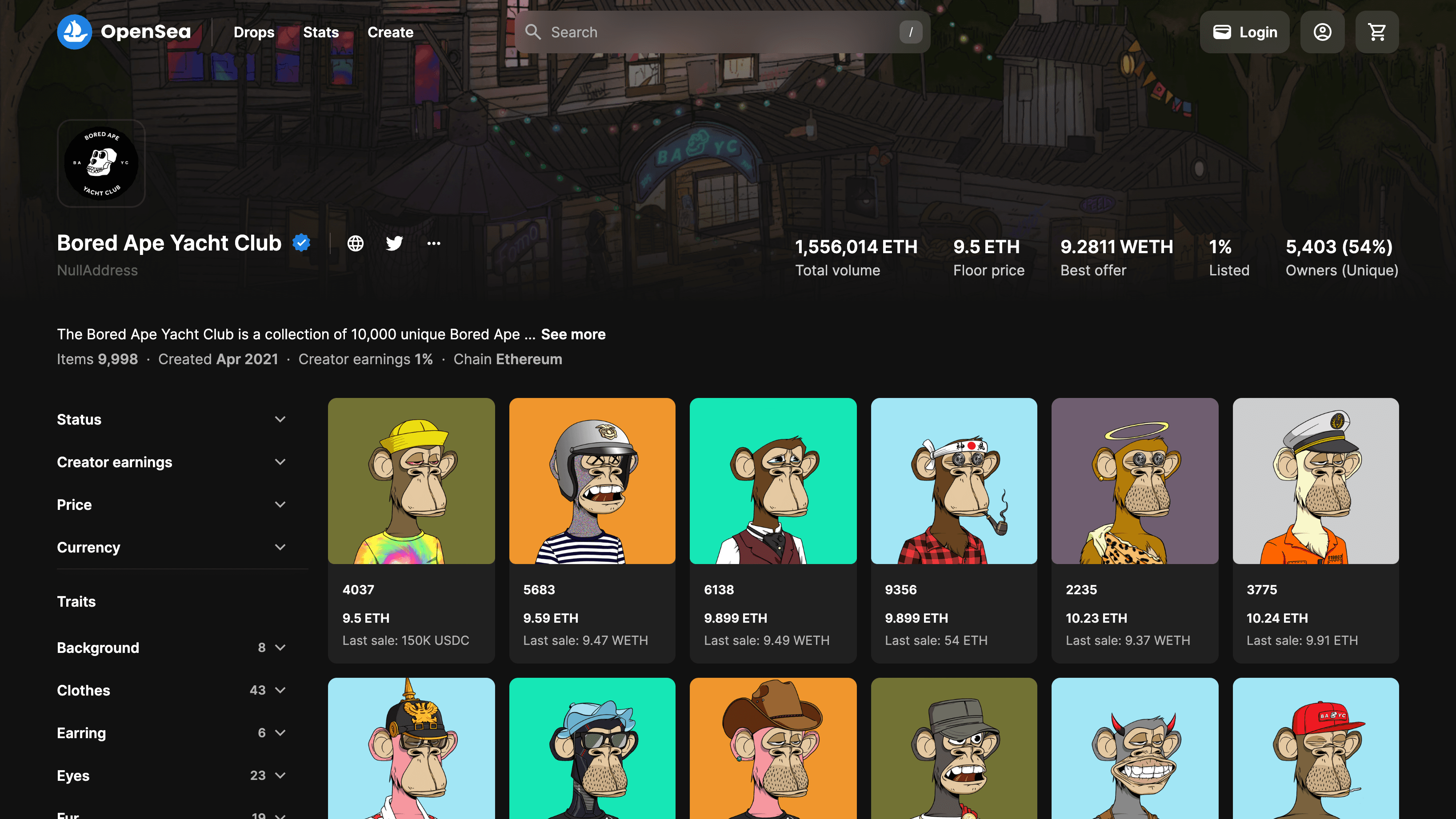 Screenshot of opensea.io/collection/boredapeyachtclub